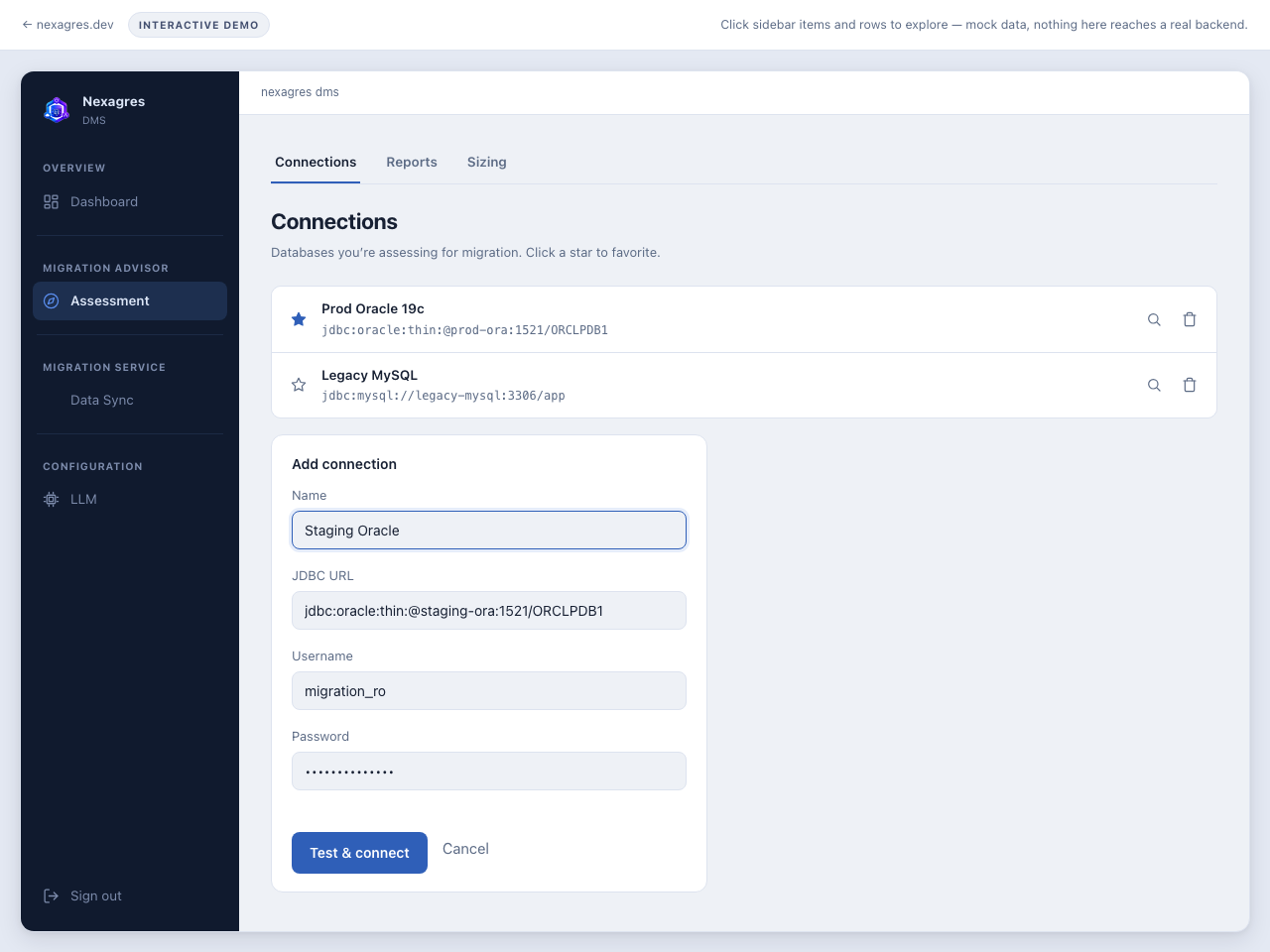 Ferry's add-connection form filled in with a name, an Oracle JDBC URL, a schema/user, and a masked password, with several credential-source options above the password field