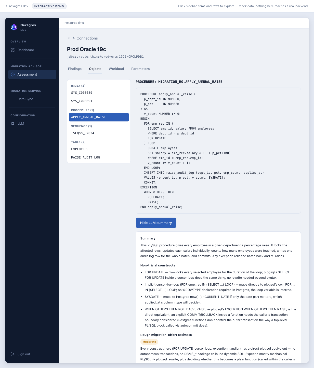 Ferry's Objects tab showing an Oracle stored procedure's real source code (a cursor FOR UPDATE loop, DBMS_OUTPUT, an audit-log insert, exception handling) and, below it, a live LLM-generated summary: what the procedure does, a list of non-trivial-to-port constructs, and a migration-effort estimate with reasoning